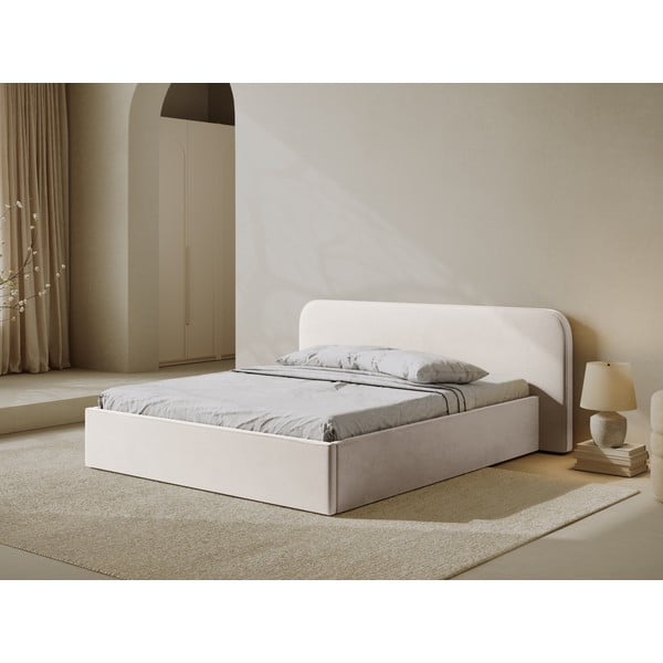 Tapicerowane łóżko dwuosobowe ze schowkiem i stelażem 200x200 cm w kolorze kości słoniowej Elizabeth – Micadoni -image-1