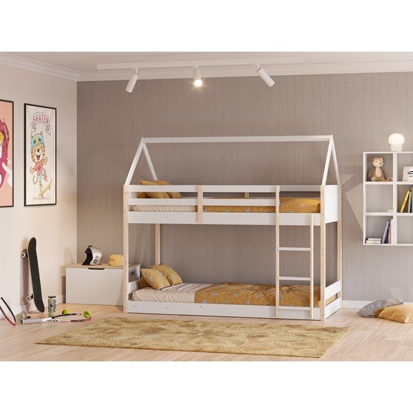 Piętrowo biało-naturalne łóżko dziecięce w kształcie domku 90x190 cm Valka – Marckeric-image-1