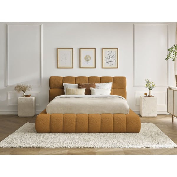 Musztardowe tapicerowane łóżko dwuosobowe ze schowkiem i stelażem 160x200 cm Mont Blanc – Bobochic Paris-image-1