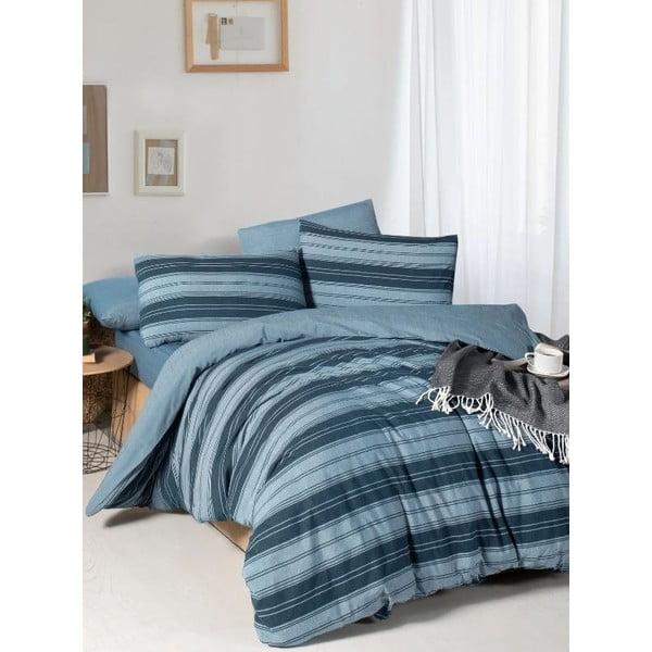 Niebieska 4-częściowa pościel dwuosobowa z prześcieradłem 200x220 cm Stripes – Mila Home