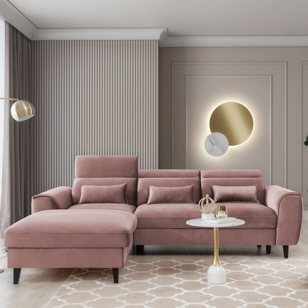 Różowy aksamitny rozkładany/ze schowkiem narożnik (lewostronny/z szezlongiem) Foble – ELTAP-image-1