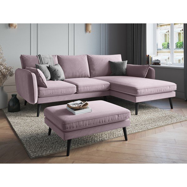 Jasnoróżowy aksamitny narożnik z czarnymi nogami Kooko Home Lento, prawostronny-image-1