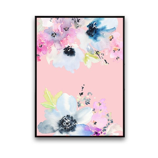 Plakat z niebieskimi kwiatami, różowe tło, 30 x 40 cm