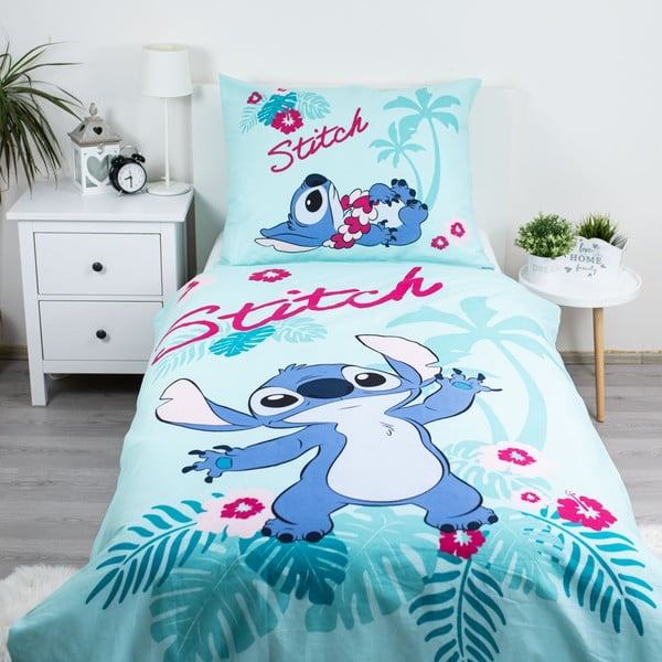 Niebieska bawełniana pościel dziecięca jednoosobowa 140x200 cm Lilo a Stitch "Hawaii"  – Jerry Fabrics-image-1