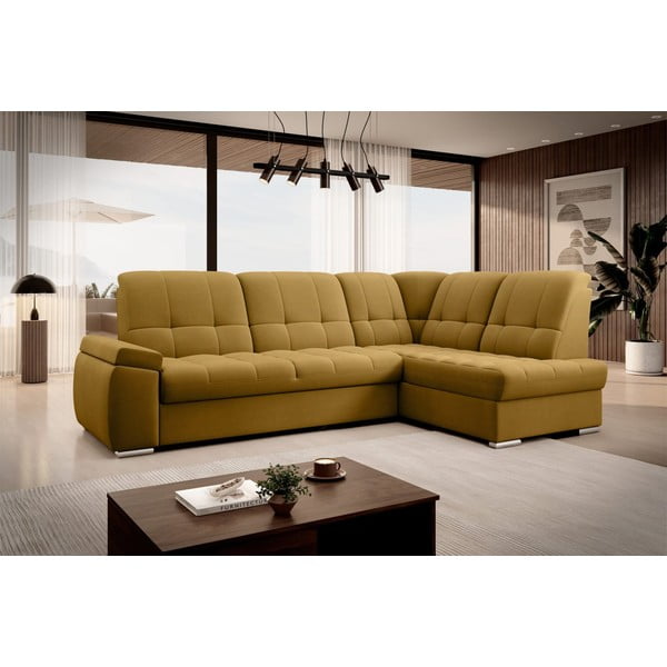Żółty aksamitny rozkładany/ze schowkiem narożnik (prawostronny/w kształcie litery L) Sado – ELTAP-image-4