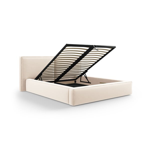 Kremowe aksamitne tapicerowane łóżko dwuosobowe ze schowkiem i stelażem 180x200 cm Arendal – Cosmopolitan Design-image-2