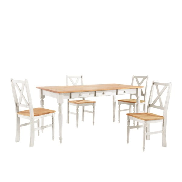 Komplet 4 białych krzeseł drewnianych z naturalnym siedziskiem i stołu do jadalni Støraa Normann, 160x80 cm