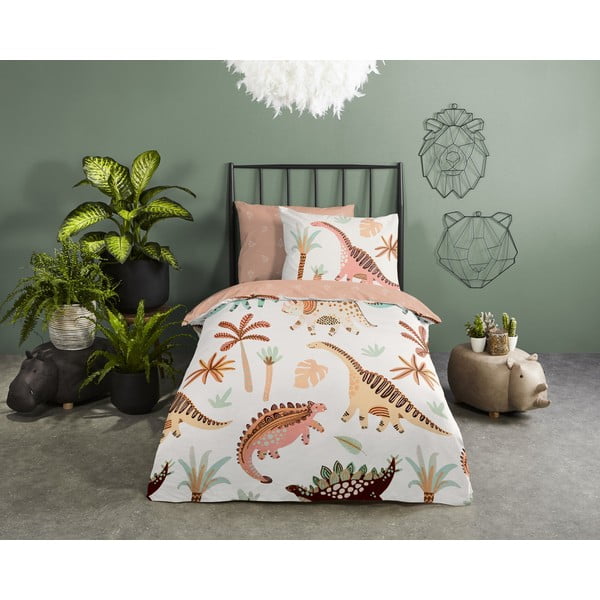 Brązowo-beżowa bawełniana pościel dziecięca do łóżeczka 100x135 cm Dino – Good Morning-image-1