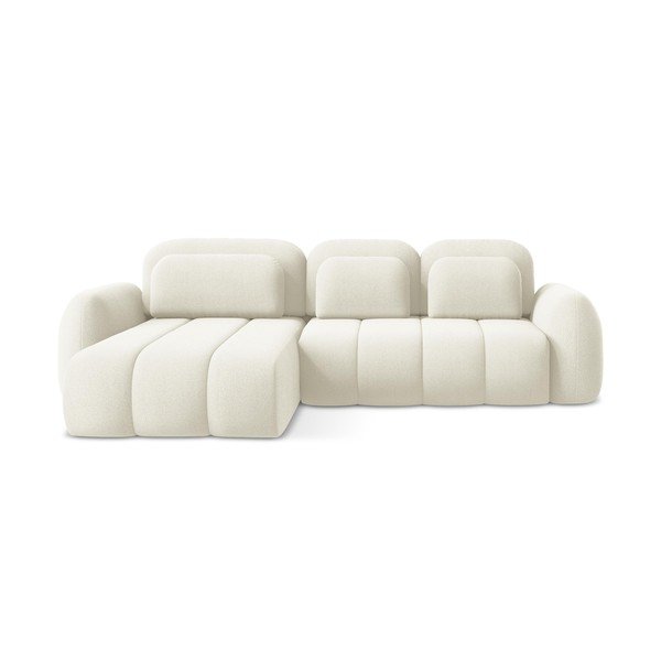 Beżowy rozkładany narożnik z materiału bouclé ze schowkiem (lewostronny/z szezlongiem) Pele – Makamii