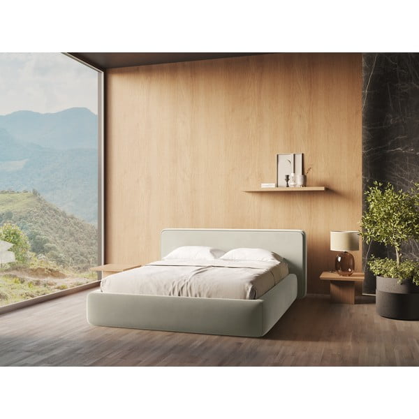Kremowe tapicerowane łóżko dwuosobowe ze schowkiem i stelażem 140x200 cm Kiana – Makamii-image-1
