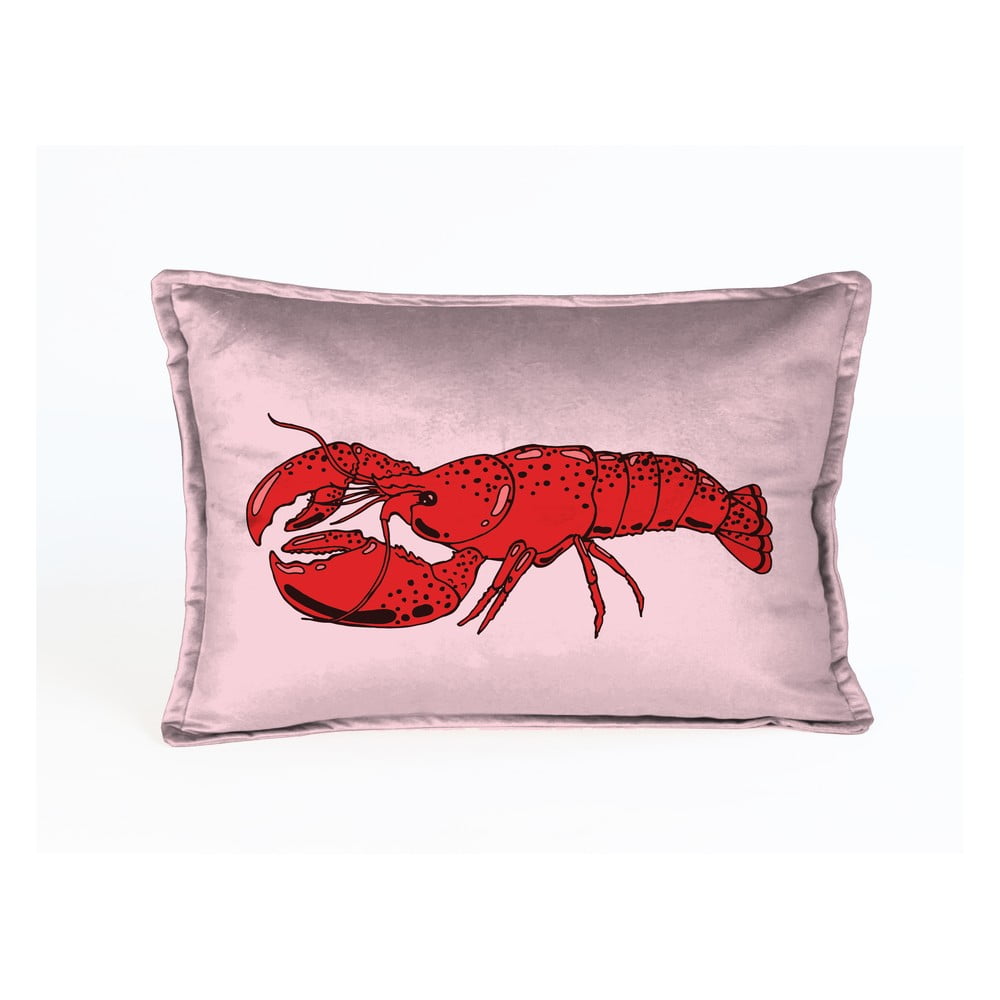Różowa aksamitna poduszka z motywem homara Velvet Atelier Lobster, 50x35 cm