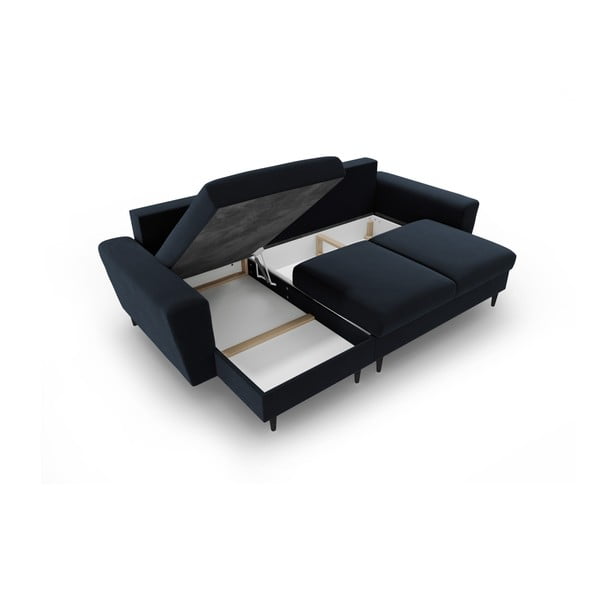 Ciemnoniebieski aksamitny rozkładany narożnik ze schowkiem Kyoto – Cosmopolitan Design-image-3