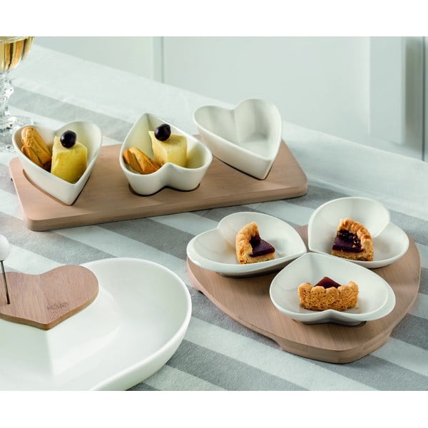Zestaw 3 miseczek do serwowania z porcelany na bambusowej tacy Brandani Hearts-image-1
