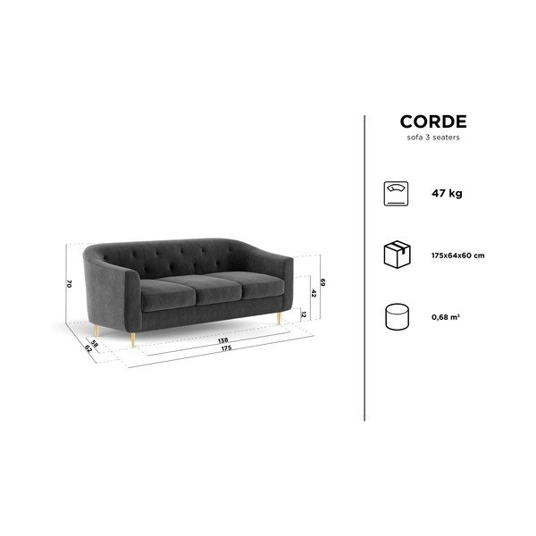 Czerwona aksamitna sofa Kooko Home Corde, 175 cm-image-2