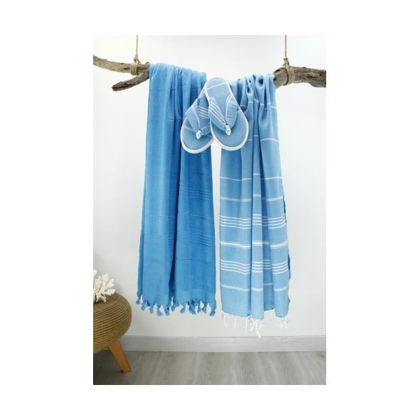 Komplet 2 niebieskich ręczników i japonek Hammam Classic Style