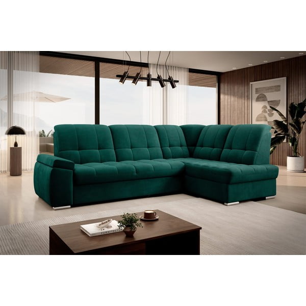 Zielony aksamitny rozkładany/ze schowkiem narożnik (prawostronny/w kształcie litery L) Sado – ELTAP-image-4