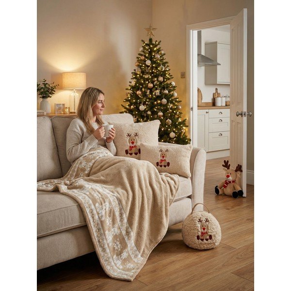 Beżowy flanelowy koc ze świątecznym motywem 130x160 cm XMAS – Tiseco Home Studio-image-2
