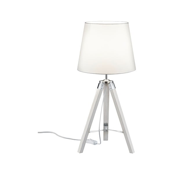 Biała lampa stołowa z naturalnego drewna i tkaniny Trio Tripod, wys. 57,5 cm