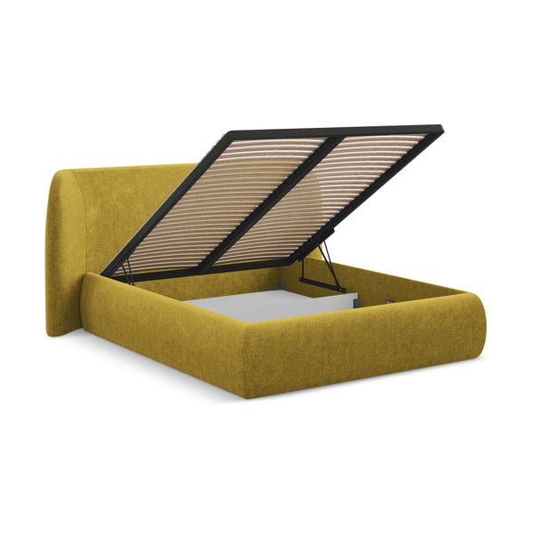 Musztardowe tapicerowane łóżko dwuosobowe ze schowkiem i stelażem 140x200 cm Hauke – Makamii-image-2