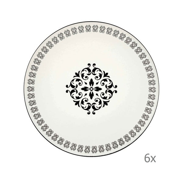 Zestaw 6 kremowych porcelanowych talerzy z czarnym ornamentem Mia Libre Rosette, ⌀ 26 cm