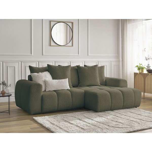 Rozkładany narożnik z materiału bouclé ze schowkiem (prawostronny/z szezlongiem) w kolorze khaki Roxelane – Bobochic Paris-image-4