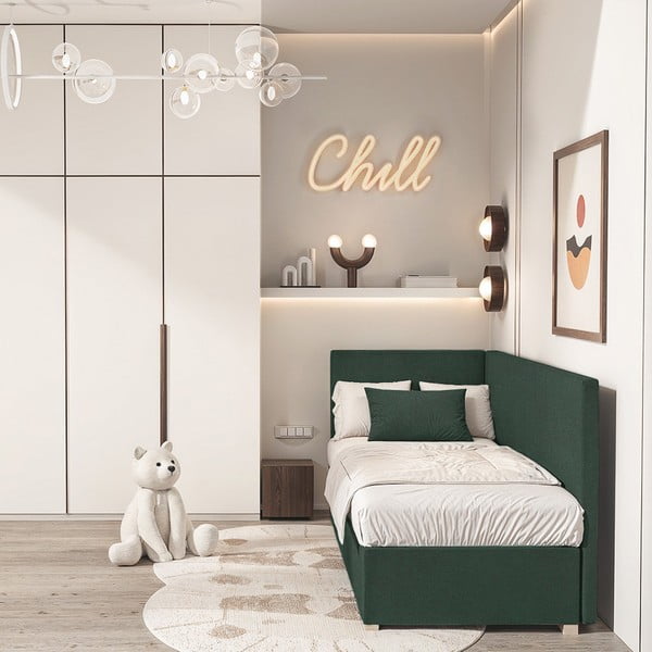 Ciemnozielone narożne łóżko dziecięce ze schowkiem i materacem 90x200 cm Flexi – Ghado-image-1