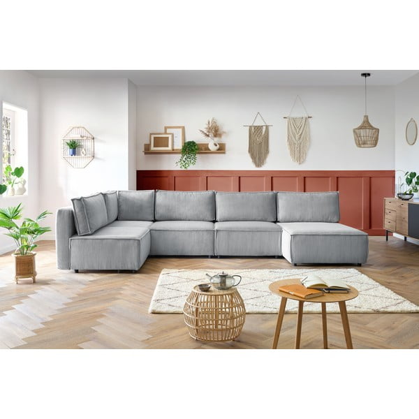 Jasnoszary sztruksowy narożnik (w kształcie litery U/strona zmienna) Nihad modular – Bobochic Paris-image-1