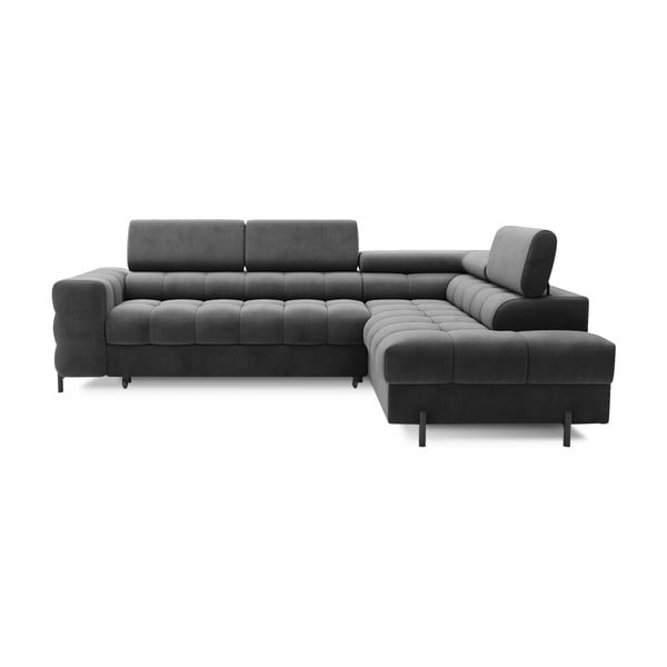 Ciemnoszary aksamitny rozkładany/ze schowkiem narożnik (prawostronny/w kształcie litery L) Ferucce – ELTAP