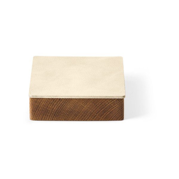 Kremowo-naturalny drewniany/ze skóry ekologicznej pojemnik dekoracyjny z pokrywką 11x11x3,5 cm Square Nupo – LIND DNA