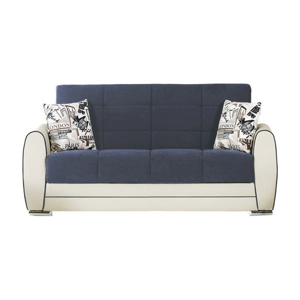 Ciemnoniebiesko-kremowa dwuosobowa sofa rozkładana ze schowkiem Esidra Rest