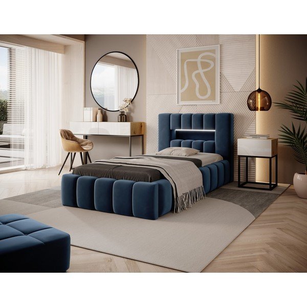 Ciemnoniebieskie tapicerowane łóżko jednoosobowe ze schowkiem ze stelażem 90x200 cm Lamica – ELTAP-image-1