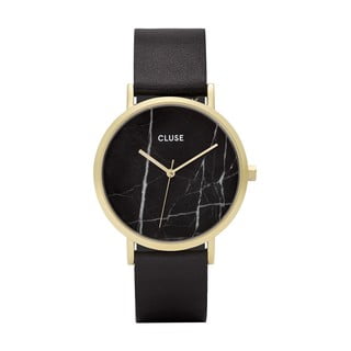 Czarny zegarek damski ze skórzanym paskiem i marmurowym cyferblatem Cluse La Roche Rose