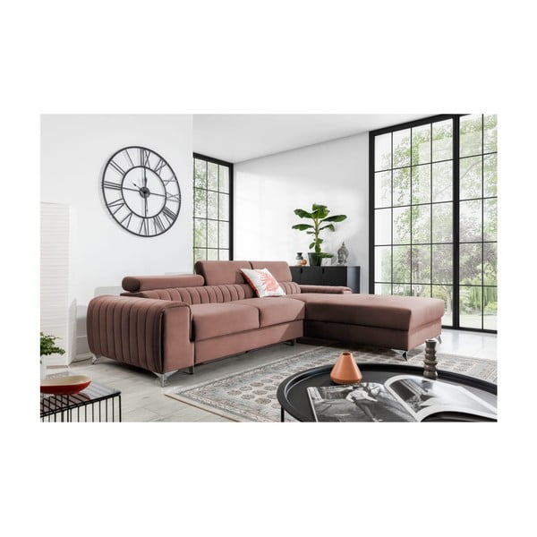 Różowy aksamitny rozkładany/ze schowkiem narożnik (prawostronny/z szezlongiem) Grayson – ELTAP-image-1