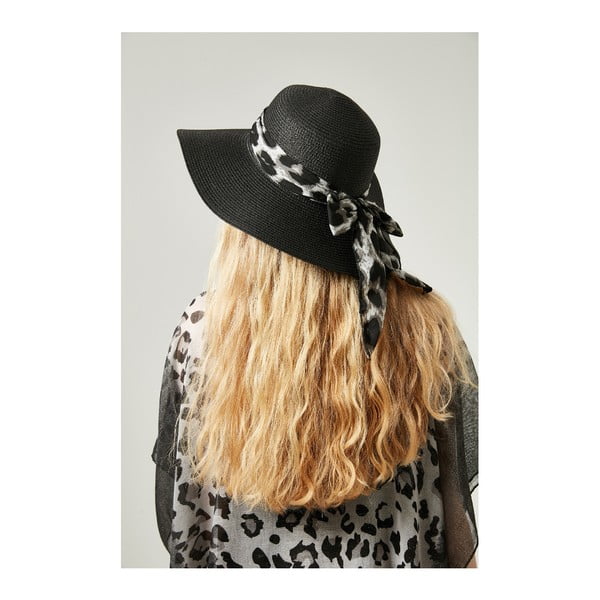 Czarny damski słomiany kapelusz z chustką Alexander McKensey Leopard