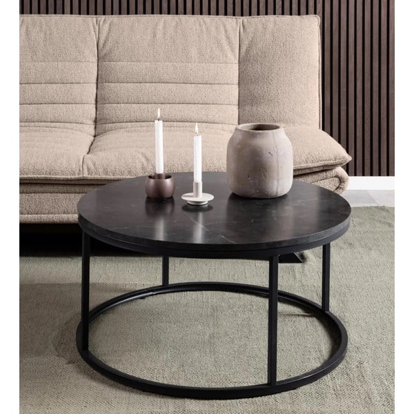 Czarny okrągły stolik z blatem w dekorze marmuru ø 80 cm Spiro – Actona-image-1