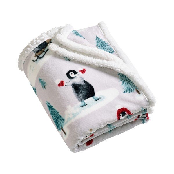 Biały koc ze świątecznym motywem 170x130 cm Christmas Sherpa Penguins – Catherine Lansfield