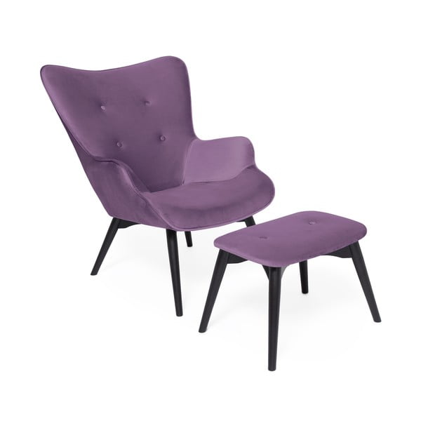 Fioletowy fotel z podnóżkiem i nogami w ciemnym kolorze Vivonita Cora Velvet