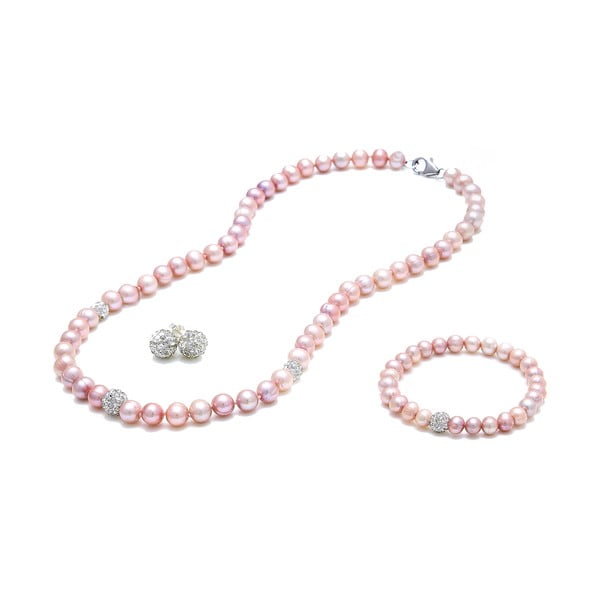 Zestaw naszyjnika, kolczyków i bransoletki z pereł słodkowodnych GemSeller Verna, różowe perły