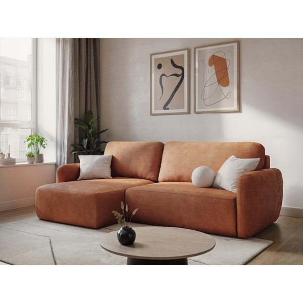 Beżowy narożnik rozkładany z tkaniny szenilowej ze schowkiem (prawostronny/z szezlongiem) Lilo – Makamii-image-1