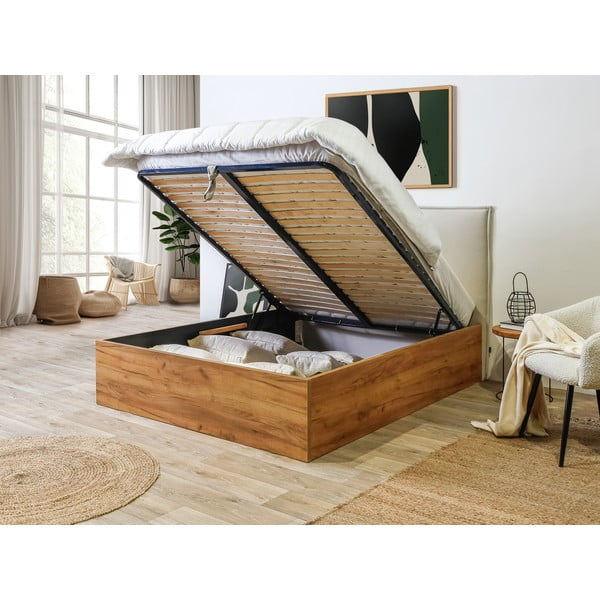 Beżowo-naturalne łóżko dwuosobowe ze schowkiem i stelażem 160x200 cm Cara – Bobochic Paris-image-4