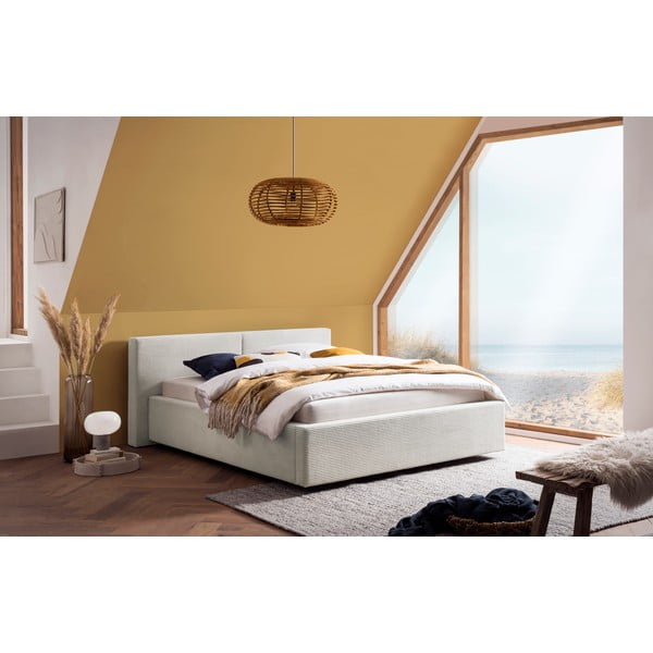 Beżowe tapicerowane łóżko dwuosobowe ze schowkiem ze stelażem 140x200 cm Cube – Meise Möbel-image-1