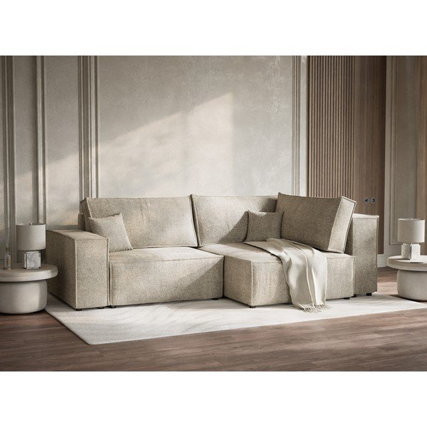 Beżowy rozkładany/ze schowkiem narożnik z tkaniny szenilowej (prawostronny/w kształcie litery L) Tonga – Maison de Rêve-image-4