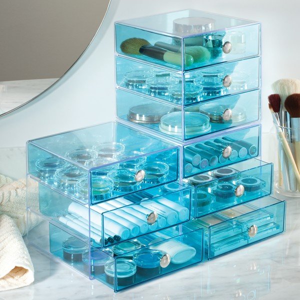 Niebieski 3-poziomowy organizer z szufladami iDesign, 16,5x16,5 cm-image-1