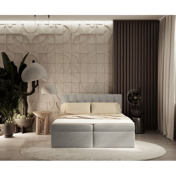 Jasnoszare łóżko boxspring ze schowkiem 160x200 cm Novento – Maison de Rêve-image-3