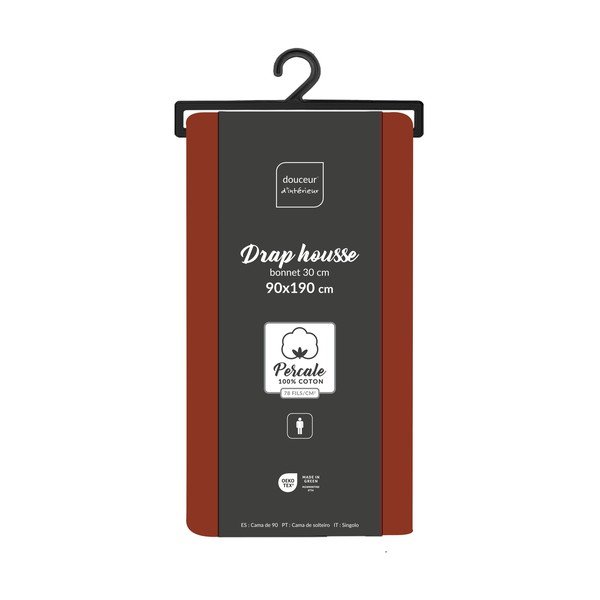 Ceglaste prześcieradło z perkalu bawełnianego z gumką 90x190 cm Percaline – douceur d'intérieur-image-2