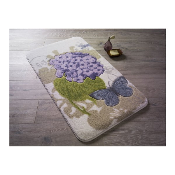 Fioletowy dywanik łazienkowy we wzory Confetti Pia, 80x140 cm