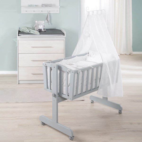 Szara kołyska na kółkach z baldachimem 40x90 cm Strenenzauber – Roba-image-1