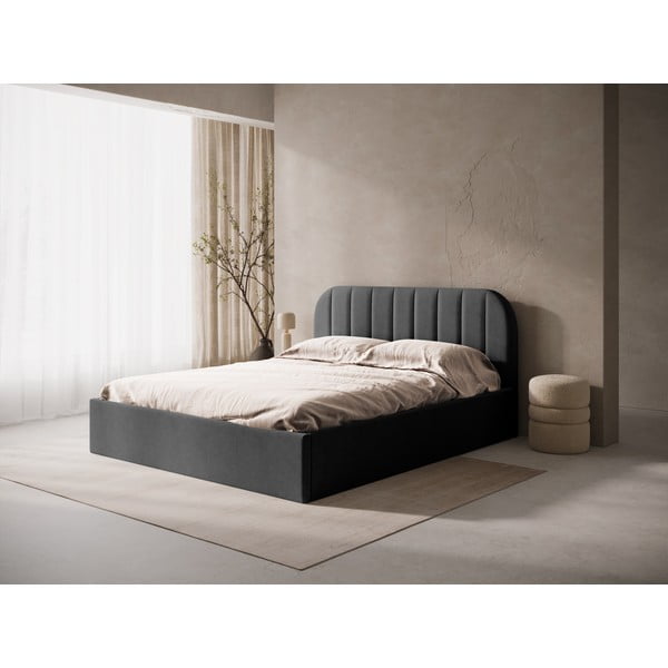 Antracytowe tapicerowane łóżko dwuosobowe ze schowkiem/bez zagłówka ze stelażem 180x200 cm Susan – Micadoni -image-1