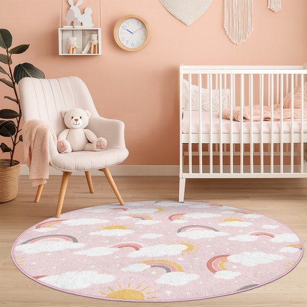 Różowy dywan dziecięcy odpowiedni do prania ø120 cm Rainbow World – Mila Home-image-3