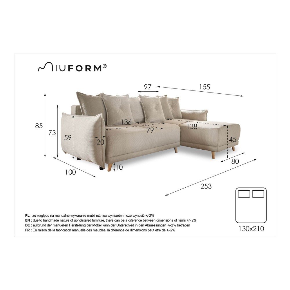 Beżowy sztruksowy rozkładany narożnik (strona zmienna) Lazy Lukka – Miuform (zdjęcie 4)